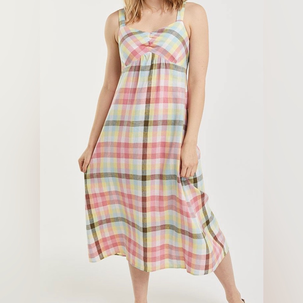 Sleeveless Fit & Flare Linen Plaid Midi Dress with Back Bow